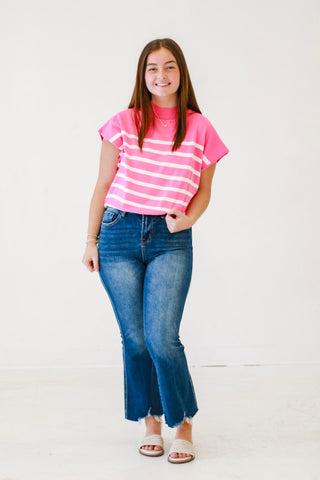 Seaside Charm Short Sleeve Striped Top in Bubble Pink/ Off White