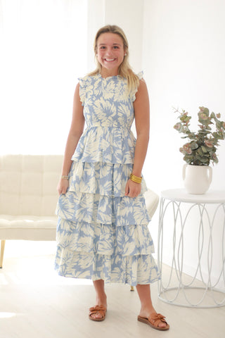 Fancy Free Floral Smocked Dress in Blue