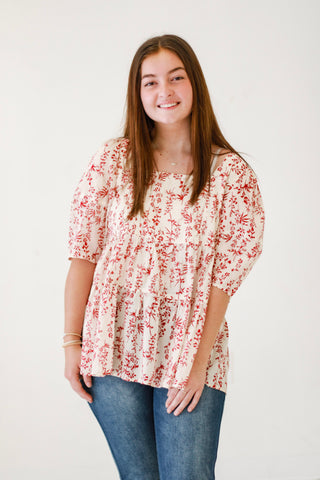 Picnic Perfection Garden Printed Cotton Voile Babydoll Top in Crimson