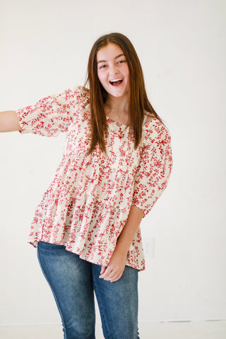 Picnic Perfection Garden Printed Cotton Voile Babydoll Top in Crimson