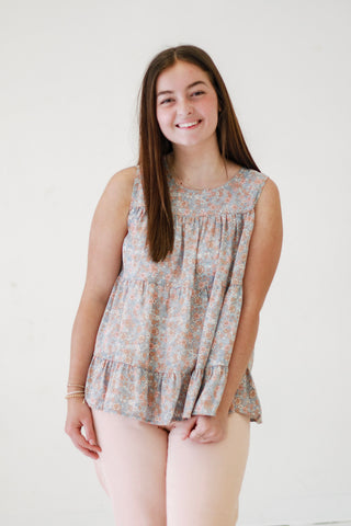 Floral Fling Sleeveless Tier Blouse in Blue
