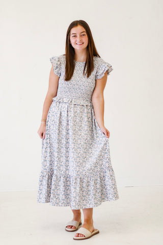 Garden Romance Floral Flutter Sleeve Maxi Dress in Blush/Blue