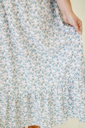 Garden Romance Floral Flutter Sleeve Maxi Dress in Blush/Blue