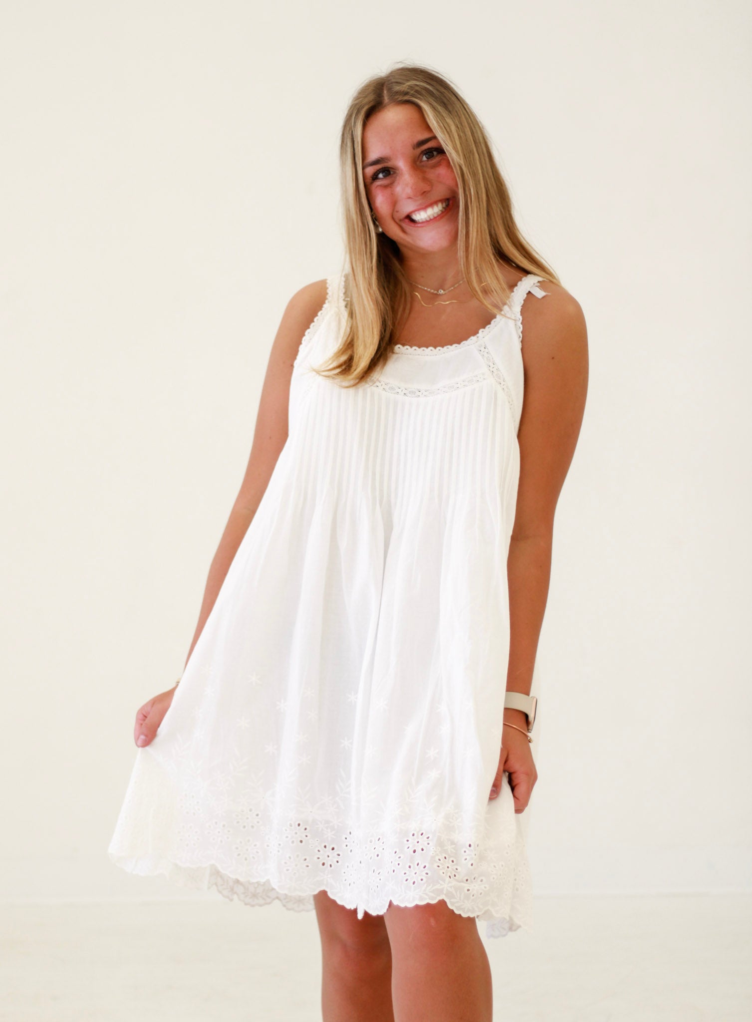 Sunlit Soiree Scalloped Laser Cut Dress in Off-White