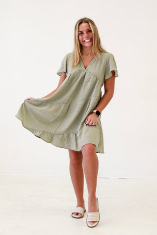 Gingham Charm Babydoll Dress in Sage