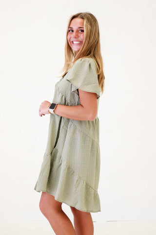 Gingham Charm Babydoll Dress in Sage