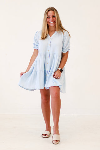 Garden Party Delight Soft Crinkle Cotton Dress in Blue