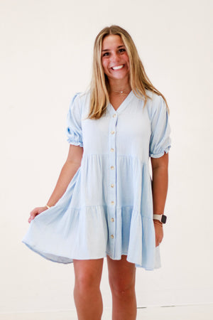Garden Party Delight Soft Crinkle Cotton Dress in Blue