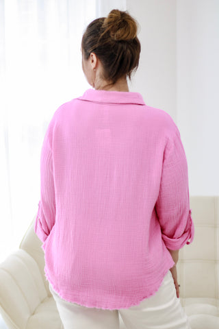 Good Vibes Only Gauze Button-Up in Candy Pink