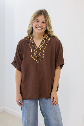 The Ideal Situation Leopard Trim Blouse in Brown
