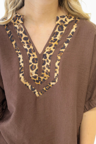 The Ideal Situation Leopard Trim Blouse in Brown