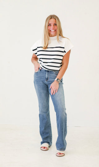 Seaside Charm Short Sleeve Striped Top in Off White
