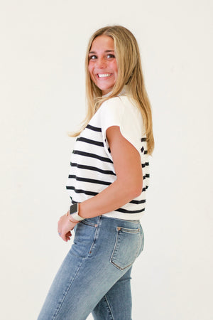 Seaside Charm Short Sleeve Striped Top in Off White