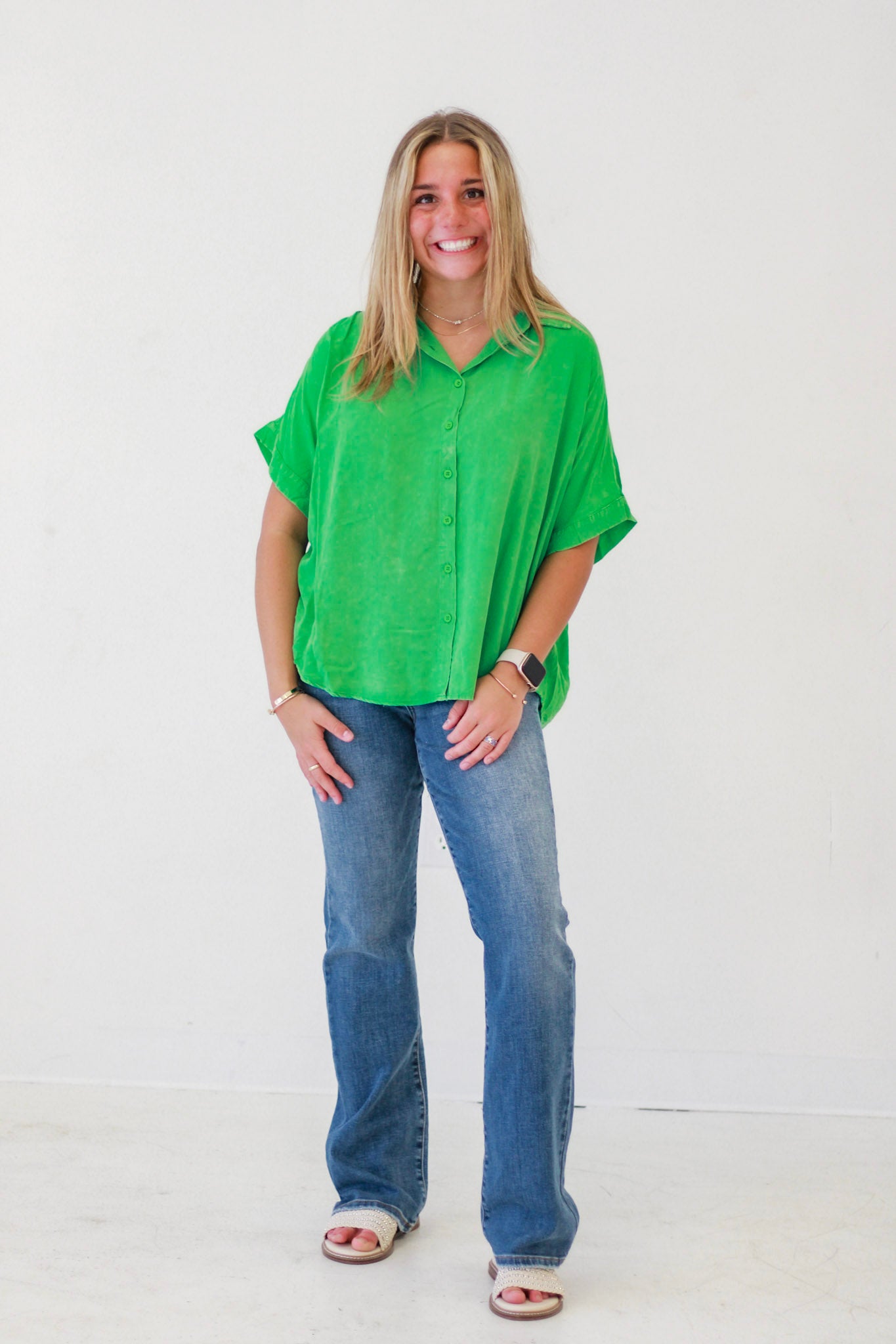 Be Comfy in Work Button Down Blouse in Kelly Green