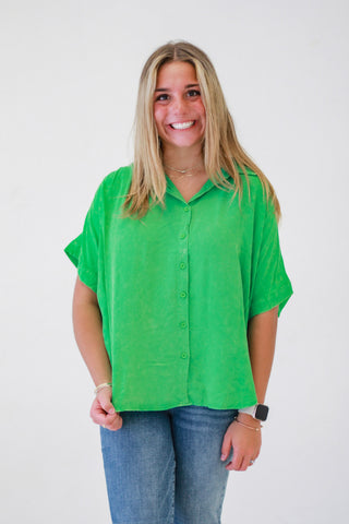 Be Comfy in Work Button Down Blouse in Kelly Green