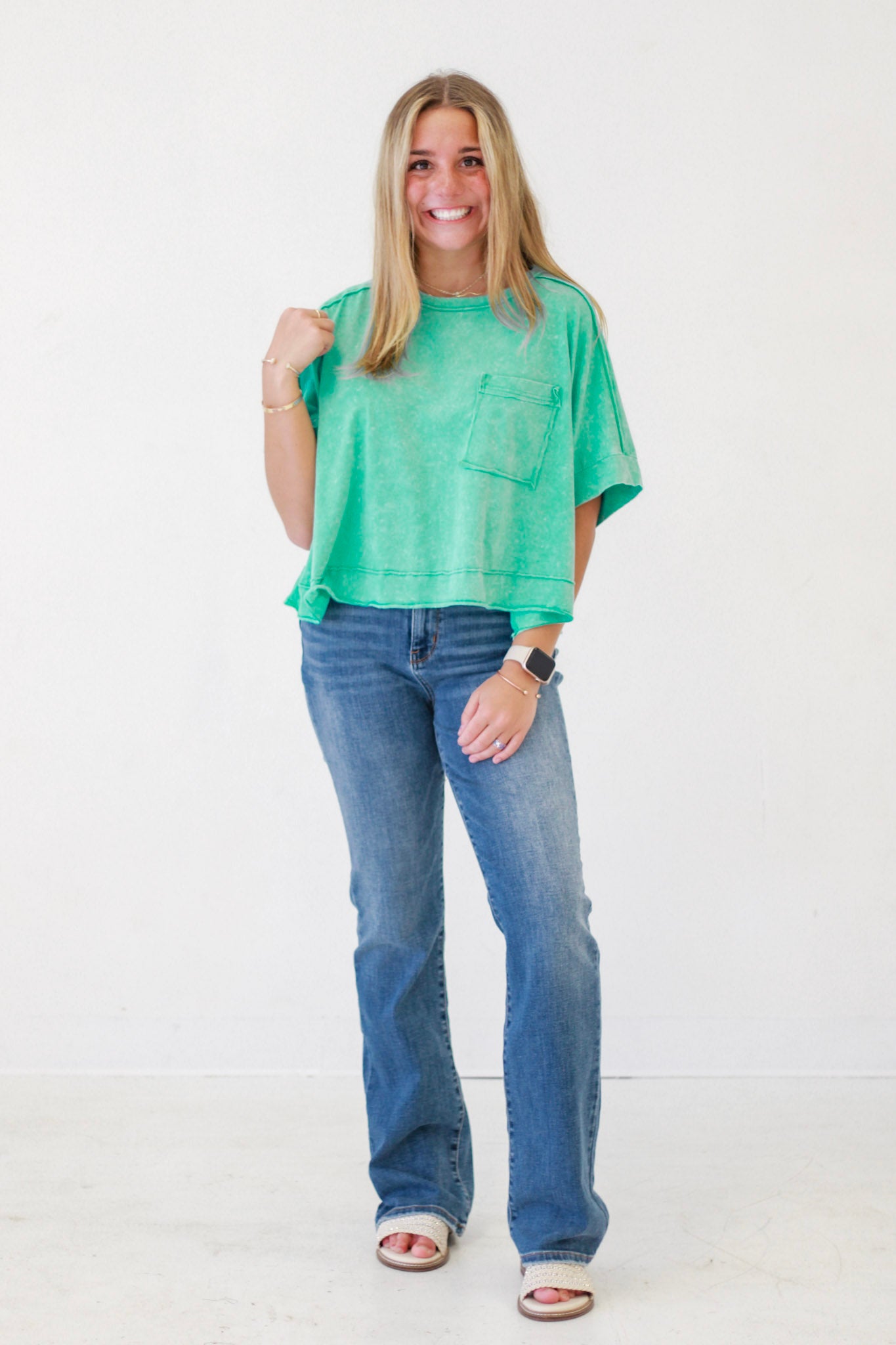 Breezy Chic Oversized Washed Crop Top in Green