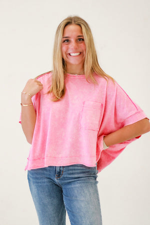 Breezy Chic Oversized Washed Crop Top in Pink