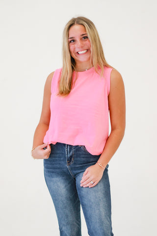 Summer Symphony Ribbed and Cotton Mix Contrast Top in Bubble Gum