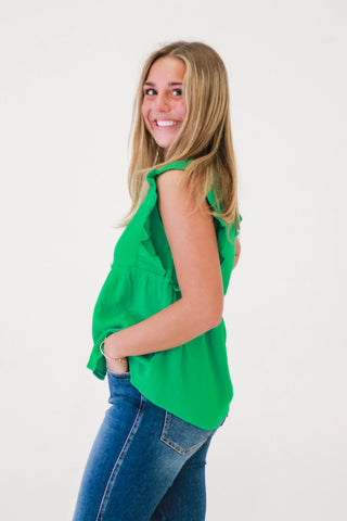 Sunny Day Delight Ruffle Sleeve Babydoll Top in Kelly Green