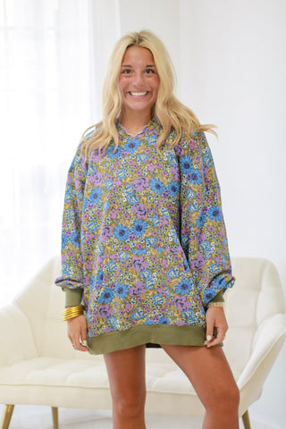 Natural Life Oversized Hoodie- Blue/Purple Daisy