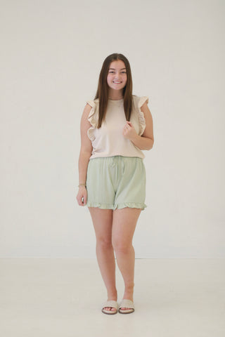 Effortless Style Ribbed Ruffled Sleeve Tank in Beige