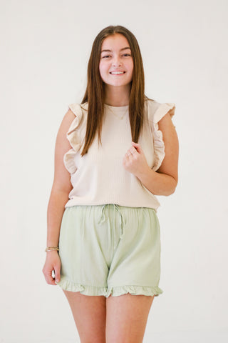 Beachside Charm Ruffle Hem Shorts in Sage