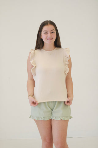 Effortless Style Ribbed Ruffled Sleeve Tank in Beige