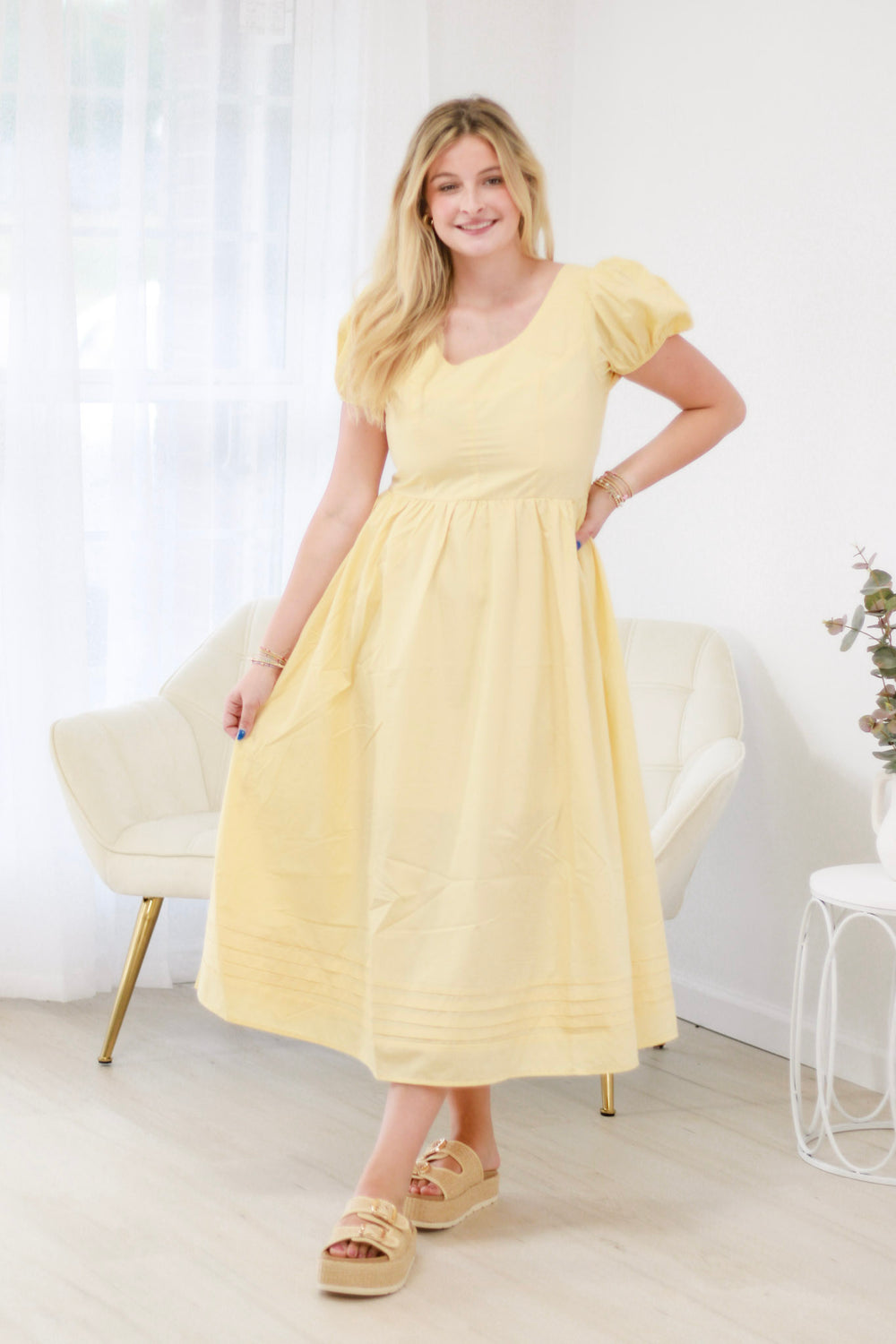 light yellow midi dress with sleeves Everly Butter Yellow Midi Dress (XS-XL)