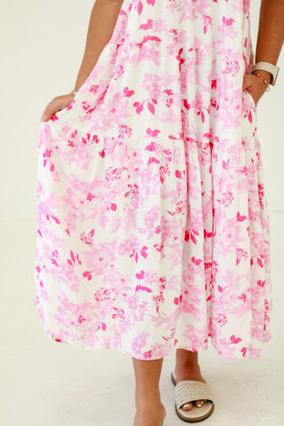 Seaside Serenity Floral Print Tiered Midi Dress French Rose