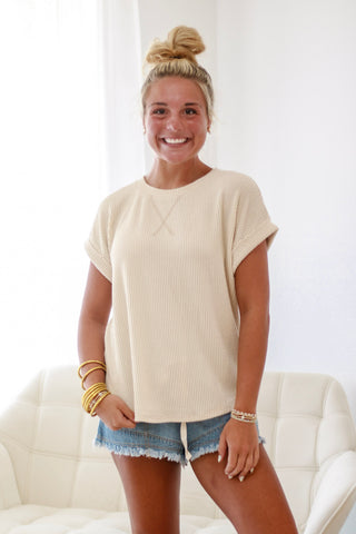 The Go To Crew Ribbed Top in Cream