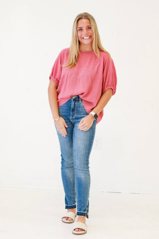 Boardwalk Stroll Elastic Sleeve Blouse Top in Berry