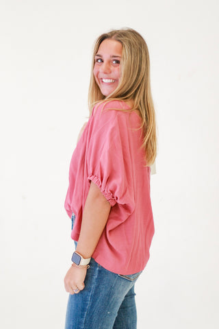 Boardwalk Stroll Elastic Sleeve Blouse Top in Berry