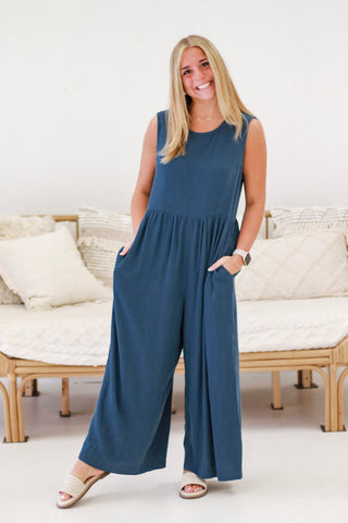 Sartorial Ease Linen Blend Sleeveless Wide Leg Jumpsuit
