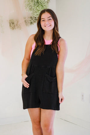 Everyday Ease Double Gauze Overall Romper in Black
