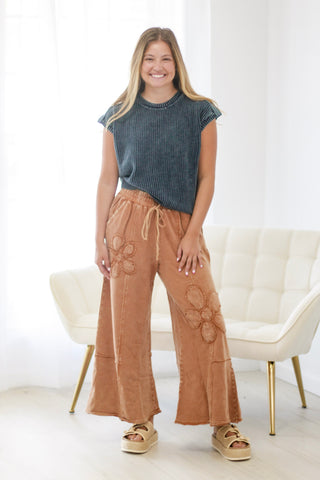 Flower Power Terry Knit Pants in Camel