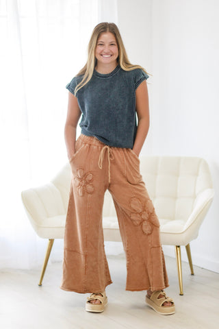 Flower Power Terry Knit Pants in Camel