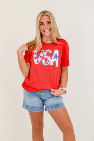USA Star Mixed Fabric Graphic Tee