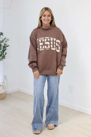 Jesus Stripe Mock Neck Pullover in Brown