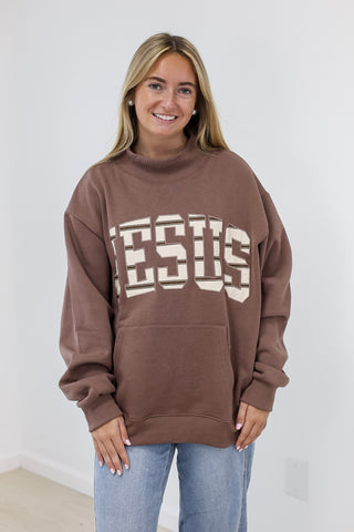 Jesus Stripe Mock Neck Pullover in Brown