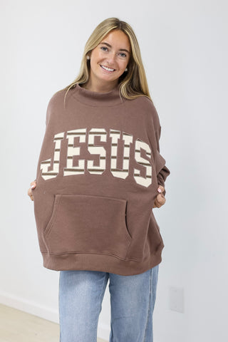 Jesus Stripe Mock Neck Pullover in Brown