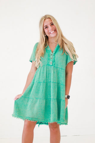 Rustic Charm Mineral Wash Dress in Jade Green