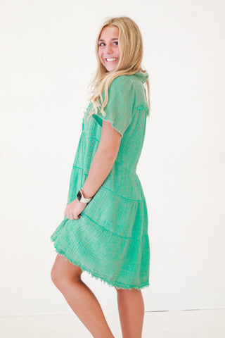 Rustic Charm Mineral Wash Dress in Jade Green