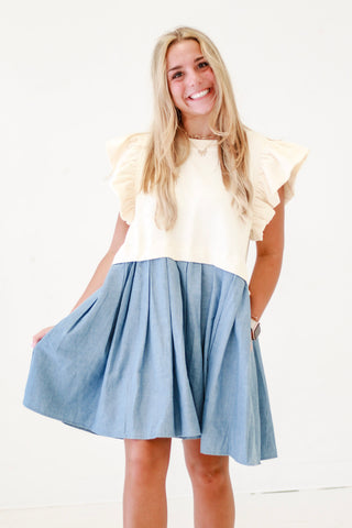 Fun Girl Flair Ruffle Sleeve Mini Dress in Ecru