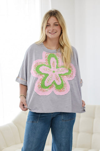 Living Out My Dreams Flower Patch Top in Light Grey