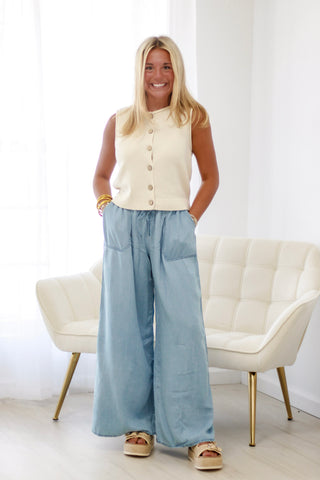 Brunch Plans Washed Chambray Palazzo Pants