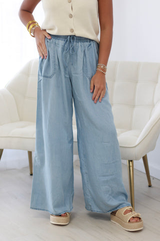 Brunch Plans Washed Chambray Palazzo Pants