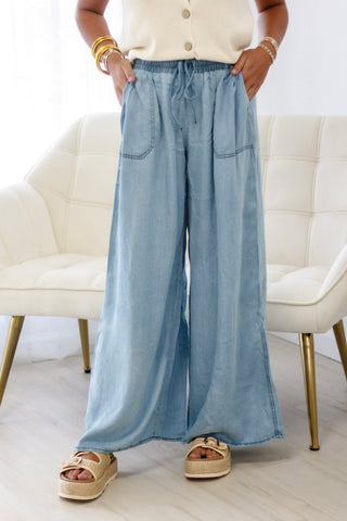 Brunch Plans Washed Chambray Palazzo Pants