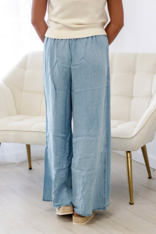 Brunch Plans Washed Chambray Palazzo Pants