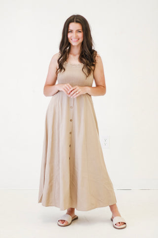 Weekend Whimsy Sleeveless Smocked Button Midi Dress