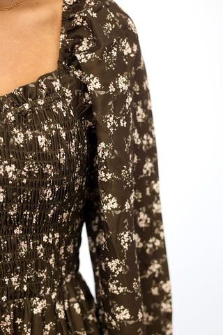 Romantic Evening Smocked Maxi Dress in Sepia